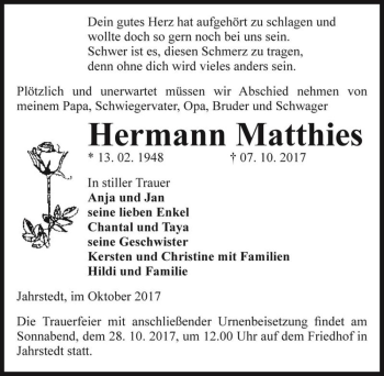 Traueranzeige von Hermann Matthies  von Magdeburger Volksstimme