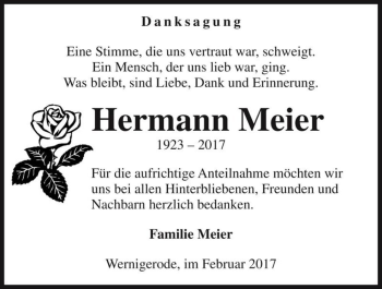 Traueranzeige von Hermann Meier  von Magdeburger Volksstimme