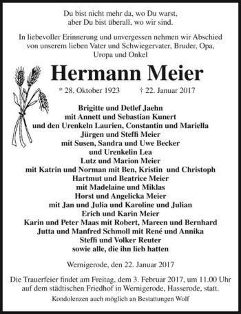 Traueranzeige von Hermann Meier  von Magdeburger Volksstimme