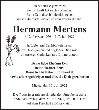 Traueranzeige von Hermann Mertens  von Magdeburger Volksstimme