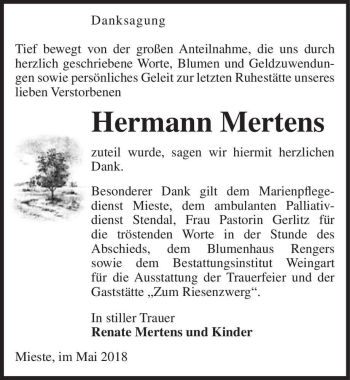 Traueranzeige von Hermann Mertens  von Magdeburger Volksstimme