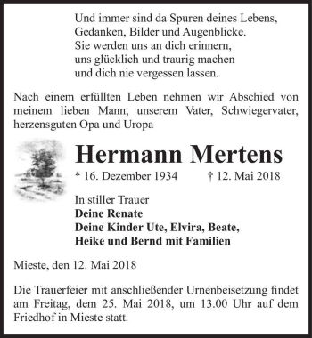 Traueranzeige von Hermann Mertens  von Magdeburger Volksstimme