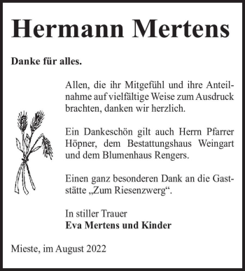 Traueranzeige von Hermann Mertens  von Magdeburger Volksstimme