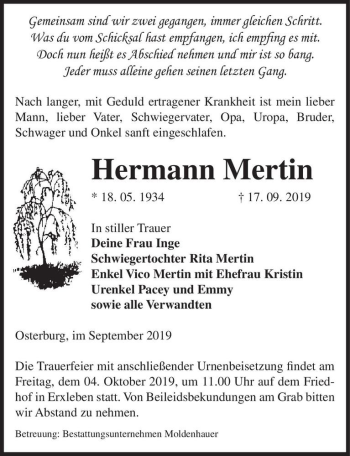 Traueranzeige von Hermann Mertin  von Magdeburger Volksstimme