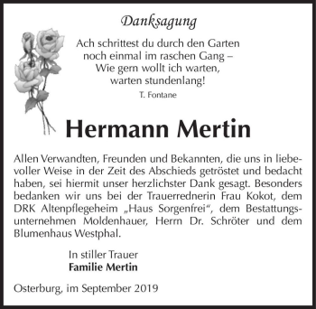 Traueranzeige von Hermann Mertin  von Magdeburger Volksstimme