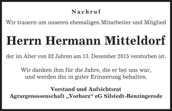 Traueranzeige von Hermann Mitteldorf  von Magdeburger Volksstimme