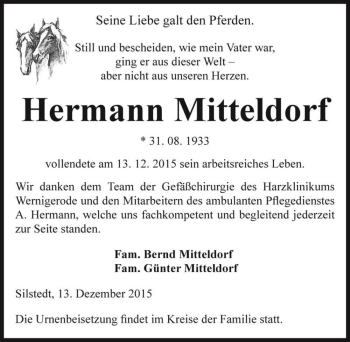 Traueranzeige von Hermann Mitteldorf  von Magdeburger Volksstimme