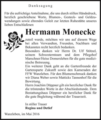 Traueranzeige von Hermann Monecke  von Magdeburger Volksstimme