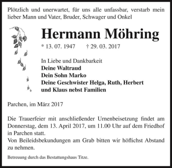 Traueranzeige von Hermann Möhring  von Magdeburger Volksstimme