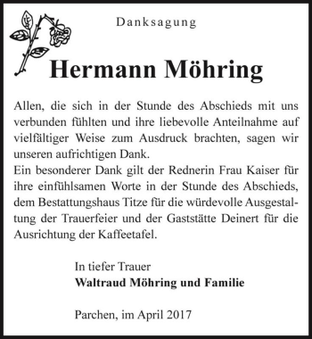 Traueranzeige von Hermann Möhring  von Magdeburger Volksstimme