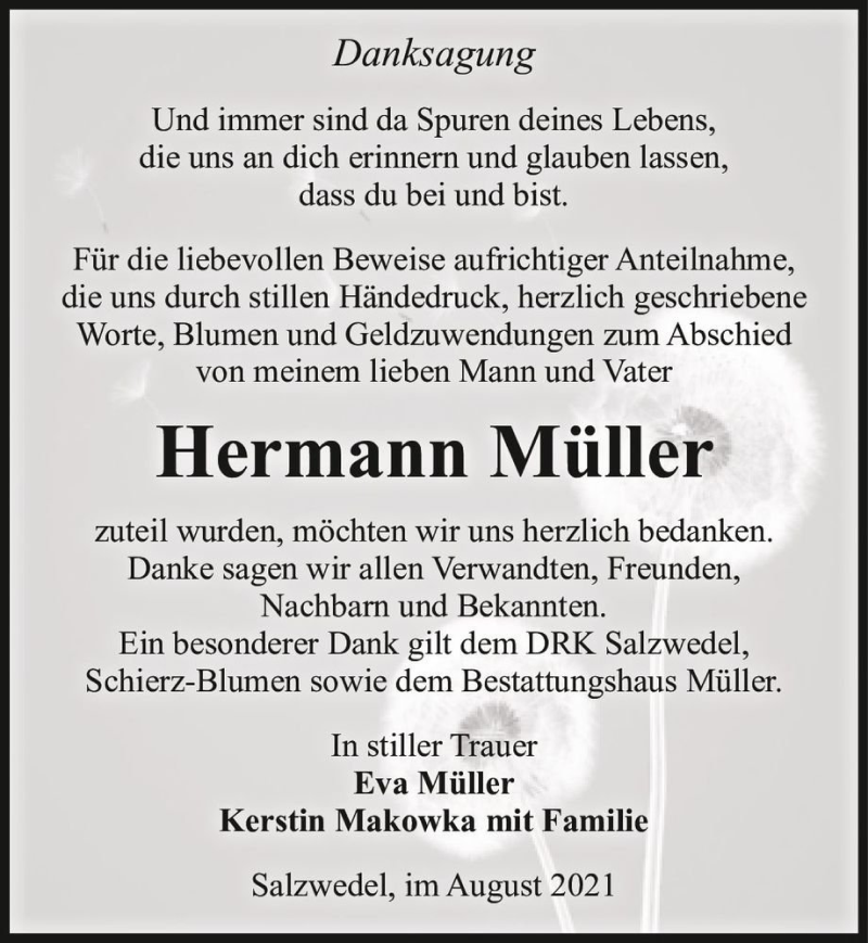  Traueranzeige für Hermann Müller  vom 01.10.2021 aus Magdeburger Volksstimme