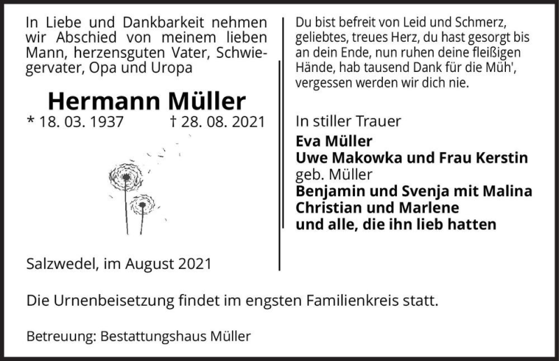  Traueranzeige für Hermann Müller  vom 31.08.2021 aus Magdeburger Volksstimme