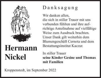 Traueranzeige von Hermann Nickel  von Magdeburger Volksstimme