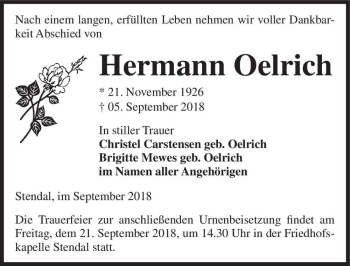 Traueranzeige von Hermann Oelrich  von Magdeburger Volksstimme