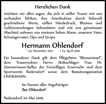 Traueranzeige von Hermann Ohlendorf  von Magdeburger Volksstimme