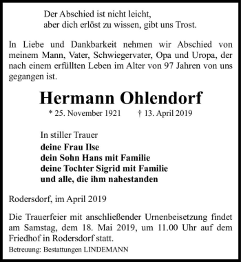 Traueranzeige von Hermann Ohlendorf  von Magdeburger Volksstimme