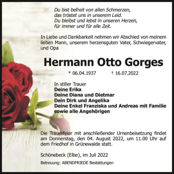 Traueranzeige von Hermann Otto Gorges  von Magdeburger Volksstimme