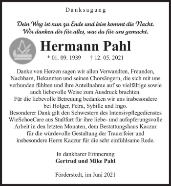 Traueranzeige von Hermann Pahl  von Magdeburger Volksstimme