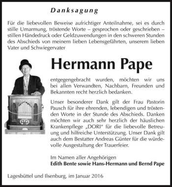Traueranzeige von Hermann Pape  von Magdeburger Volksstimme