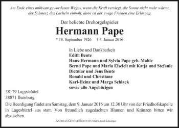 Traueranzeige von Hermann Pape  von Magdeburger Volksstimme