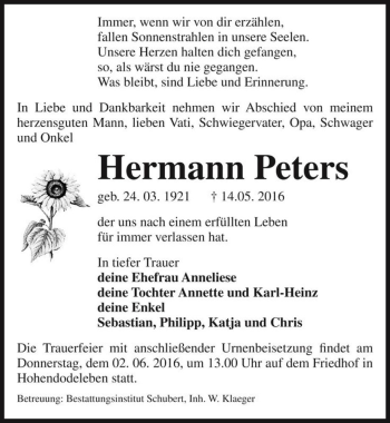 Traueranzeige von Hermann Peters  von Magdeburger Volksstimme