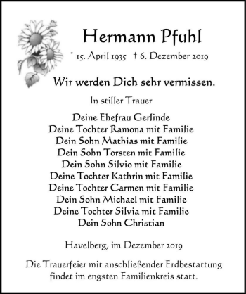 Traueranzeige von Hermann Pfuhl  von Magdeburger Volksstimme