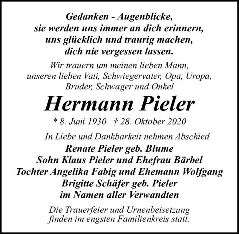  Traueranzeige für Hermann Pieler  vom 07.11.2020 aus Magdeburger Volksstimme