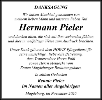 Traueranzeige von Hermann Pieler  von Magdeburger Volksstimme