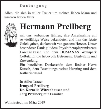 Traueranzeige von Hermann Prellberg  von Magdeburger Volksstimme