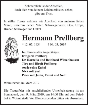 Traueranzeige von Hermann Prellberg  von Magdeburger Volksstimme