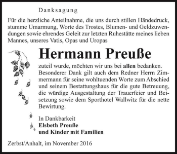 Traueranzeige von Hermann Preuße  von Magdeburger Volksstimme