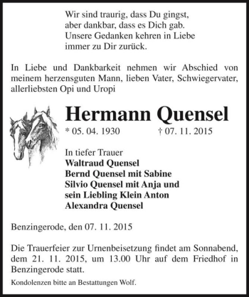 Traueranzeige von Hermann Quensel  von Magdeburger Volksstimme