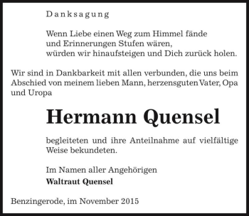 Traueranzeige von Hermann Quensel  von Magdeburger Volksstimme
