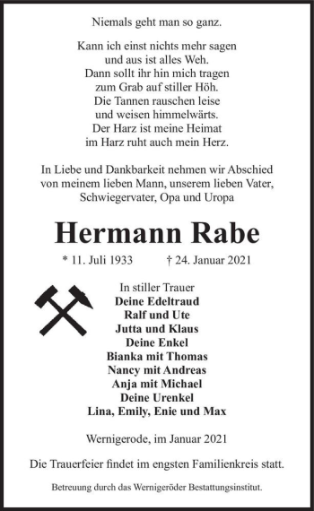 Traueranzeige von Hermann Rabe  von Magdeburger Volksstimme
