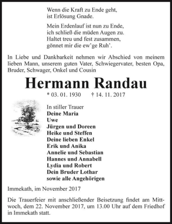 Traueranzeige von Hermann Randau  von Magdeburger Volksstimme