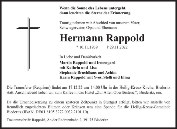 Traueranzeige von Hermann Rappold  von Magdeburger Volksstimme