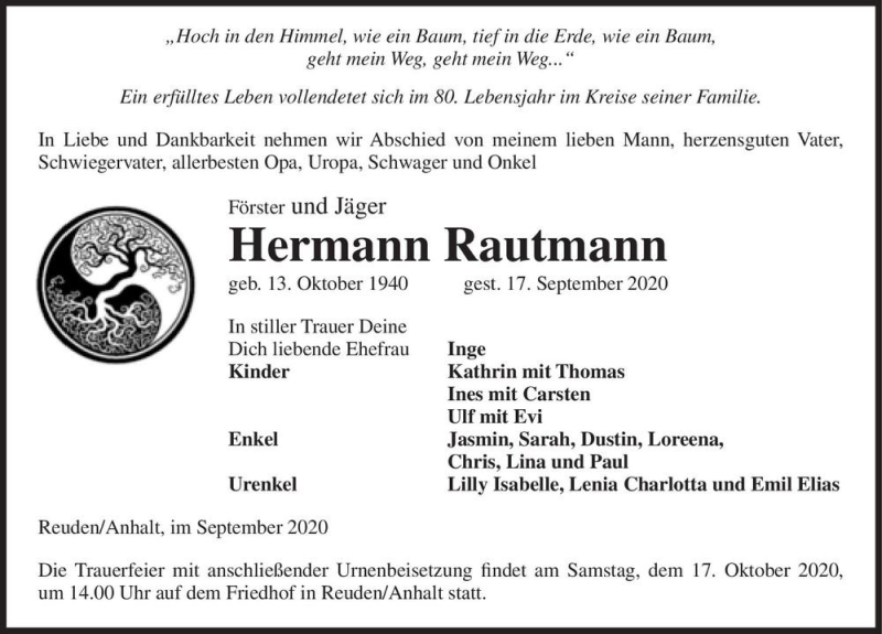  Traueranzeige für Hermann Rautmann  vom 26.09.2020 aus Magdeburger Volksstimme