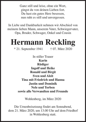 Traueranzeige von Hermann Reckling  von Magdeburger Volksstimme