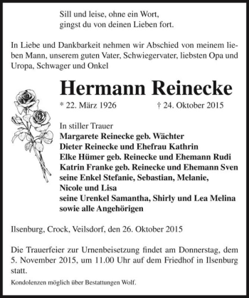 Traueranzeige von Hermann Reinecke  von Magdeburger Volksstimme