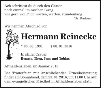 Traueranzeige von Hermann Reinecke  von Magdeburger Volksstimme