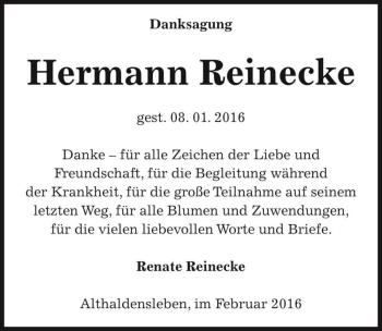 Traueranzeige von Hermann Reinecke  von Magdeburger Volksstimme