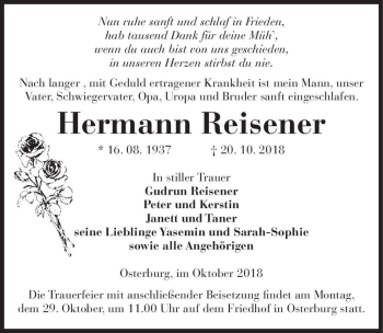 Traueranzeige von Hermann Reisener  von Magdeburger Volksstimme