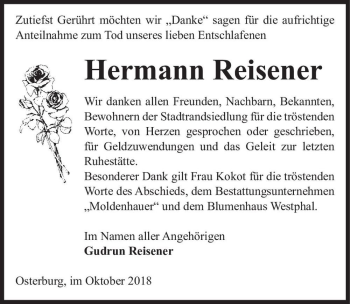 Traueranzeige von Hermann Reisener  von Magdeburger Volksstimme