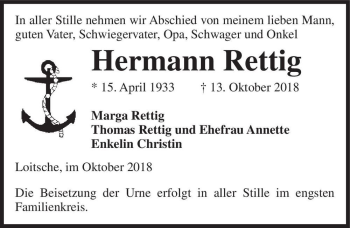 Traueranzeige von Hermann Rettig  von Magdeburger Volksstimme