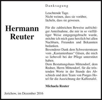 Traueranzeige von Hermann Reuter  von Magdeburger Volksstimme