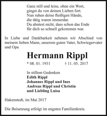 Traueranzeige von Hermann Rippl  von Magdeburger Volksstimme