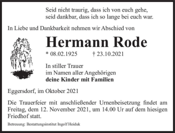 Traueranzeige von Hermann Rode  von Magdeburger Volksstimme