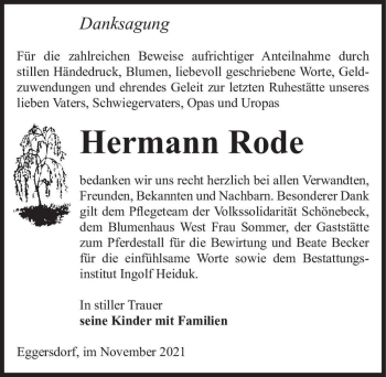 Traueranzeige von Hermann Rode  von Magdeburger Volksstimme