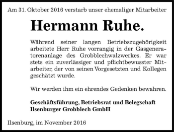Traueranzeige von Hermann Ruhe  von Magdeburger Volksstimme