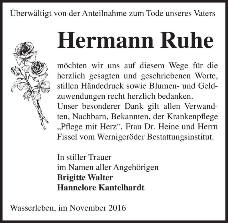  Traueranzeige für Hermann Ruhe  vom 14.11.2016 aus Magdeburger Volksstimme